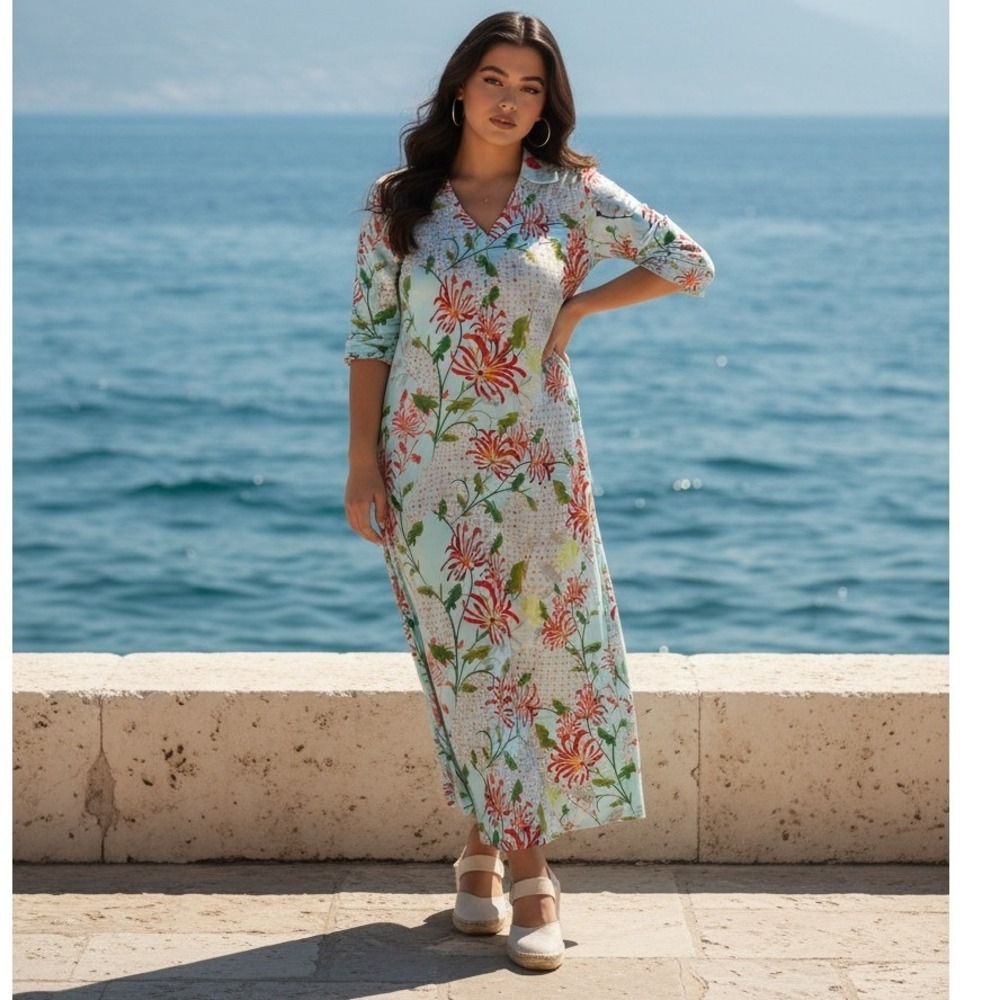 Jean Pierre Klifa Paris Floral Maxi‎ Dress Blue Red Botanical Print RV $135 XXL